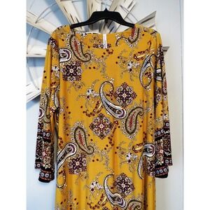 NY Collection Paisley Print Dress 2X Mustard Yellow Stretch Shift 3/4 Sleeves
